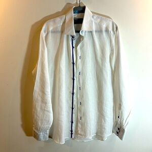 MATTUSO Sz L Shirt 100% Linen Casual Blue Buttons Long Sleeve Made in Italy